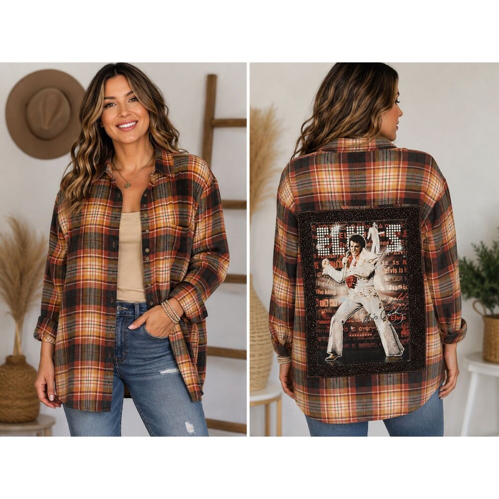 Upcycled American Eagle Flannel XL Custom OOAK Elvis Presley Graphic Back Plaid